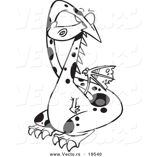Vector of a Cartoon Dragon Covering His Eyes - Outlined Coloring Page