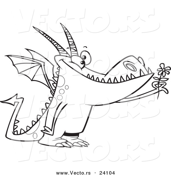 Vector of a Cartoon Dragon Holding a Flower - Coloring Page Outline