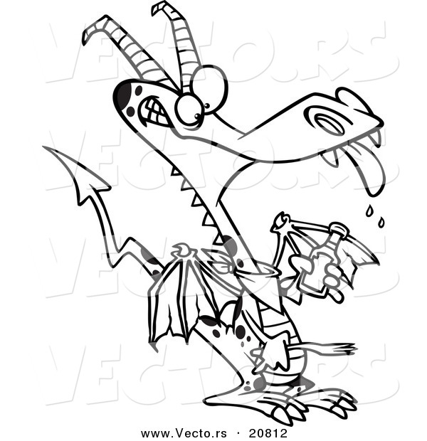 Vector of a Cartoon Dragon Holding Ketchup - Coloring Page Outline
