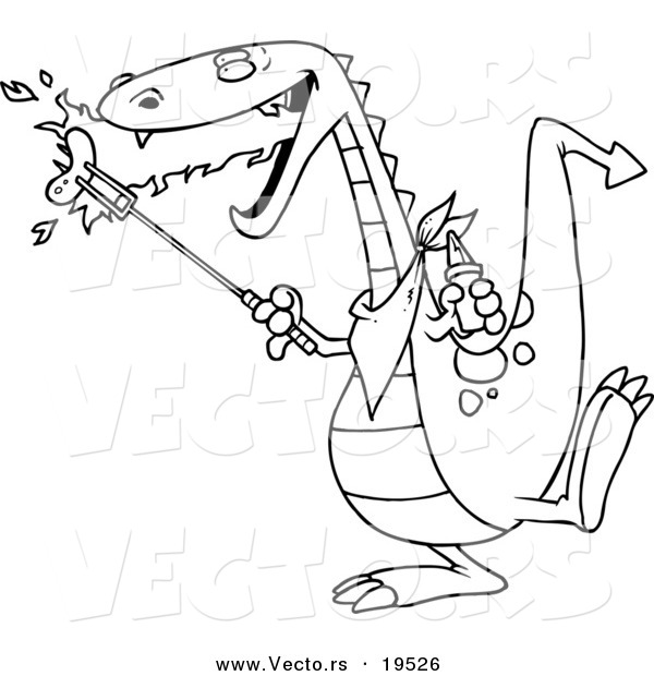 Vector of a Cartoon Dragon Roasting Sausage - Outlined Coloring Page
