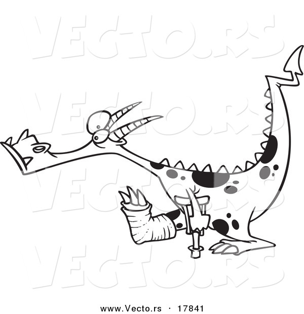 Vector of a Cartoon Dragon Using a Crutch for a Lame Leg - Outlined Coloring Page