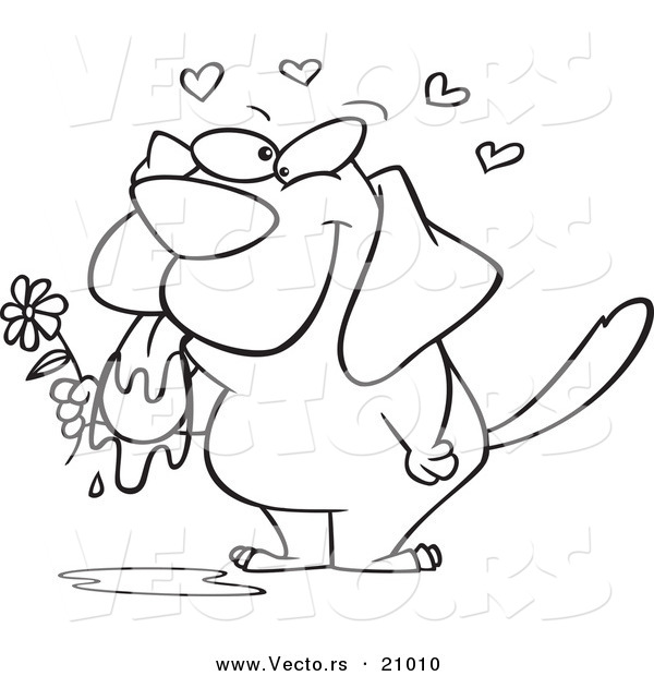 Vector of a Cartoon Drooling Dog Holding a Flower - Coloring Page Outline