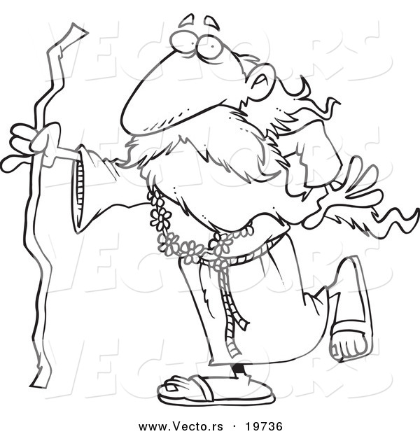 Vector of a Cartoon Druid Man Carrying a Stick - Outlined Coloring Page