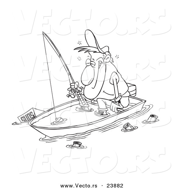 Vector of a Cartoon Drunk Man Fishing in a Sinking Boat - Coloring Page Outline