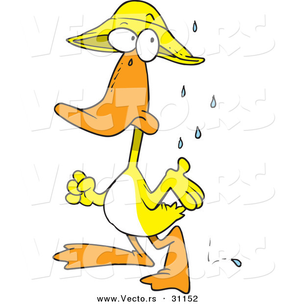 Vector of a Cartoon Duck Wearing Rain Hat and Waiting for Stormy Weather