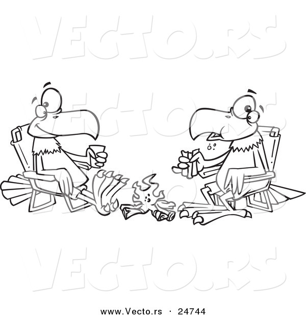 Vector of a Cartoon Eagle Friends Eating Lunch by a Camp Fire - Outlined Coloring Page