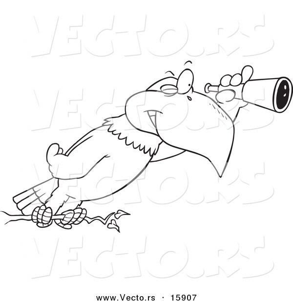 Vector of a Cartoon Eagle Using a Telescope - Outlined Coloring Page Drawing