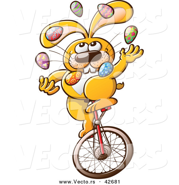 Vector of a Cartoon Easter Bunny Juggling Colorful Eggs While Riding a Unicycle