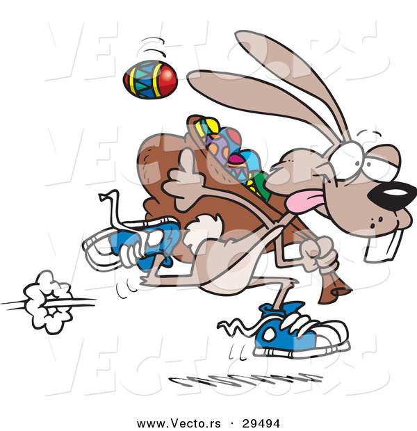 Vector of a Cartoon Easter Bunny Running Quickly with a Full Bag of Painted Eggs