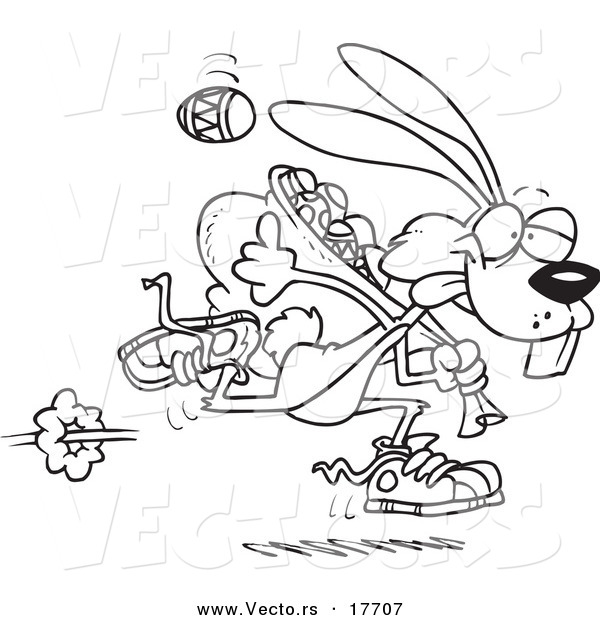 Vector of a Cartoon Easter Bunny Running with a Bag of Eggs - Coloring Page Outline