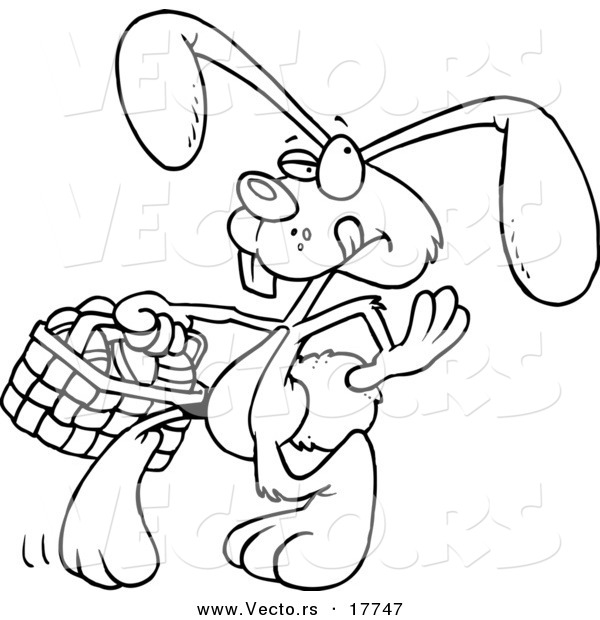 Vector of a Cartoon Easter Bunny Walking with an Easter Basket - Outlined Coloring Page