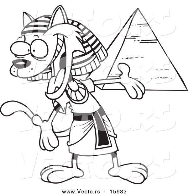Vector of a Cartoon Egyptian Cat Presenting a Pyramid - Outlined Coloring Page Drawing