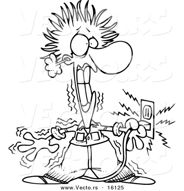 Vector of a Cartoon Electrician Being Electrocuted - Outlined Coloring Page Drawing