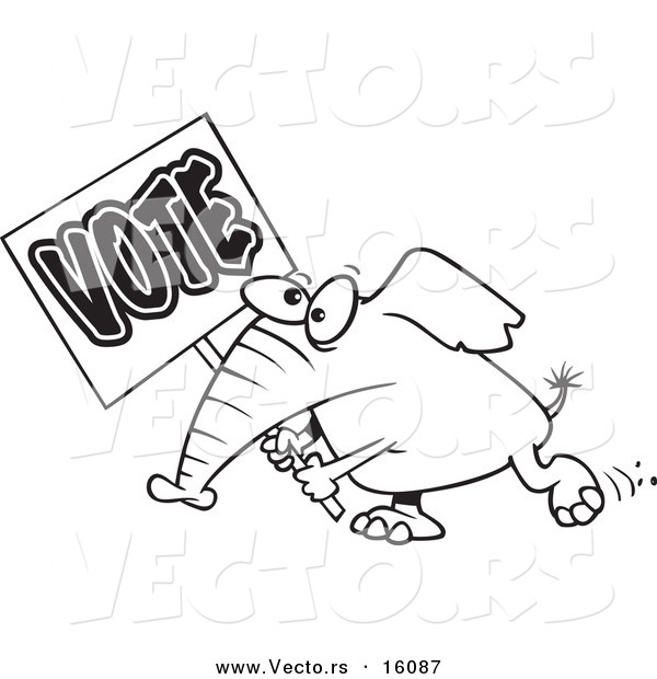 Vector of a Cartoon Elephant Carrying a Vote Sign - Outlined Coloring Page Drawing
