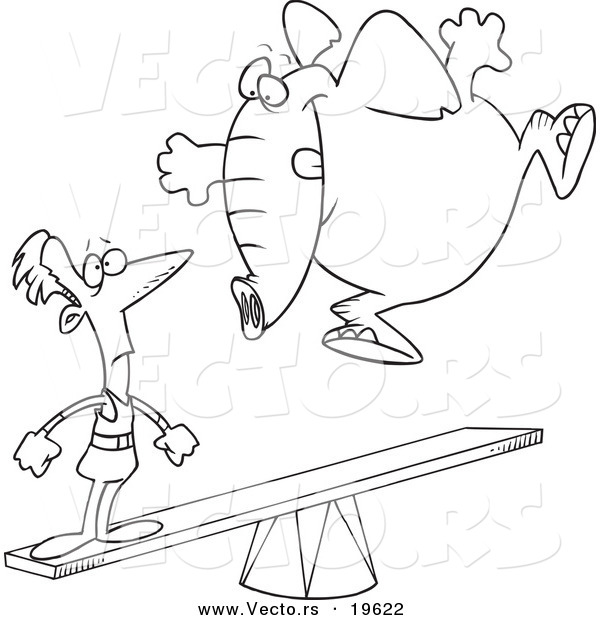 Vector of a Cartoon Elephant Jumping on a See Saw to Make a Stunt Man Fly - Outlined Coloring Page
