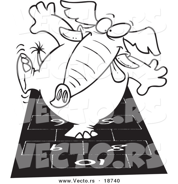 Vector of a Cartoon Elephant Playing Hop Scotch - Outlined Coloring Page
