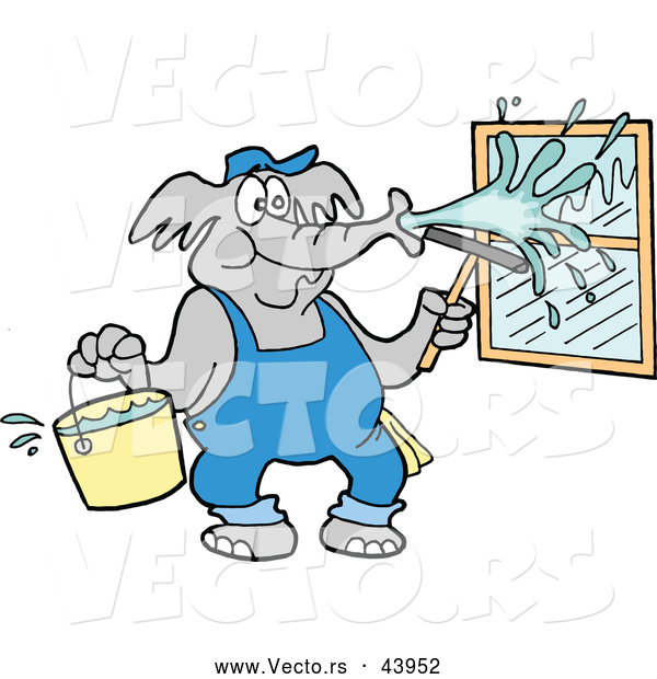 Vector of a Cartoon Elephant Pressure Washing Window with Water from a Bucket