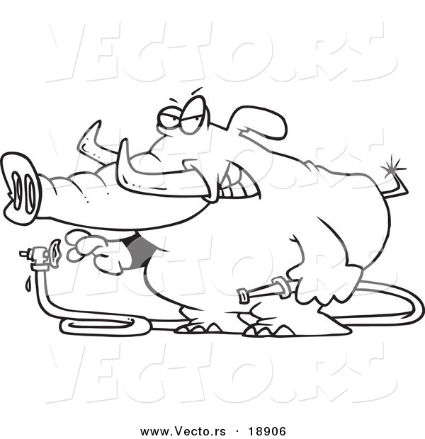 Vector of a Cartoon Elephant Turning a Hose on - Outlined Coloring Page