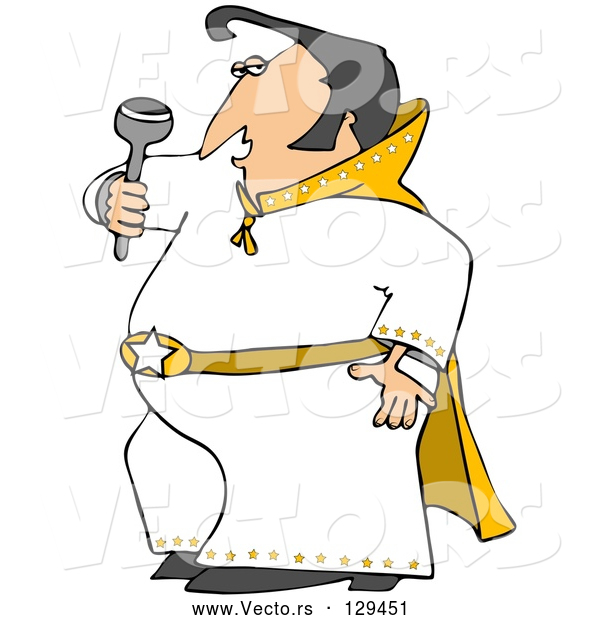 Vector of a Cartoon Elvis Impersonator in a White Costume, Dancing and Singing with a Microphone