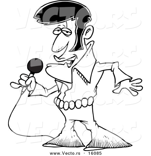 Vector of a Cartoon Elvis Impersonator Singing - Outlined Coloring Page Drawing