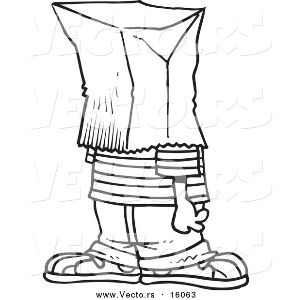 Vector of a Cartoon Embarrassed Boy with a Bag on His Head - Outlined Coloring Page Drawing
