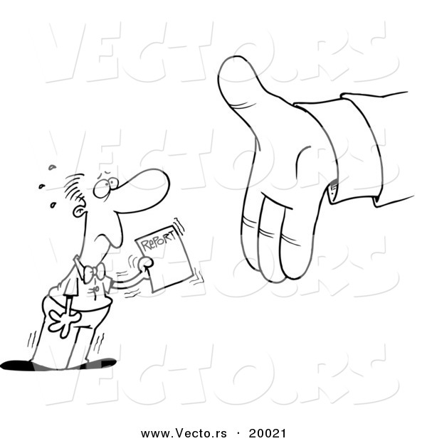 Vector of a Cartoon Employee Handing a Report to a Big Hand - Outlined Coloring Page