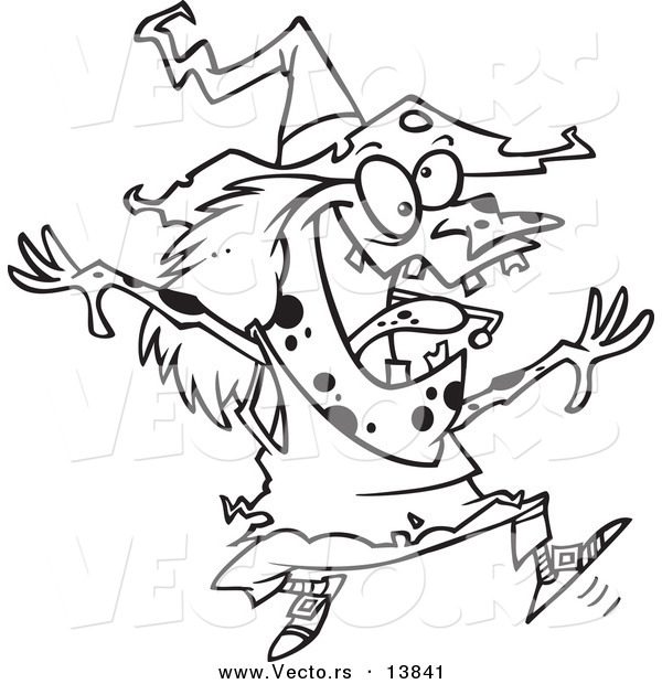 Vector of a Cartoon Energetic Witch Jumping - Coloring Page Outline
