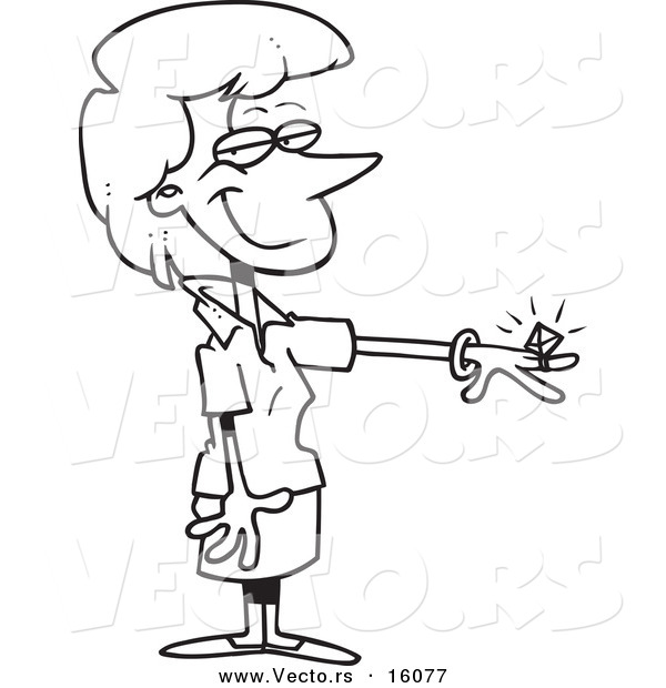 Vector of a Cartoon Engaged Girl Showing Her Ring - Outlined Coloring Page Drawing