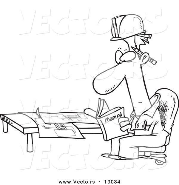 Vector of a Cartoon Engineer Reading a Manual by Blue Prints - Outlined Coloring Page