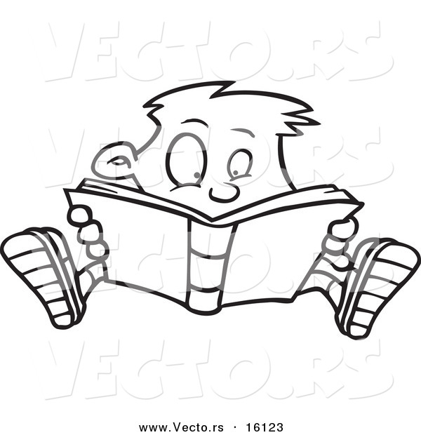 Vector of a Cartoon Enthralled Boy Reading a Book - Outlined Coloring Page Drawing
