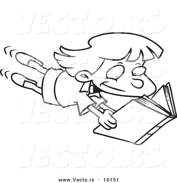 Vector of a Cartoon Enthralled Girl Reading a Book - Outlined Coloring Page Drawing