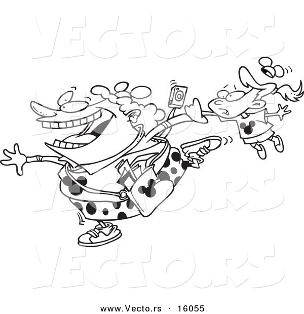 Vector of a Cartoon Enthusiastic Mother Dragging Her Daughter Around a Theme Park - Outlined Coloring Page Drawing