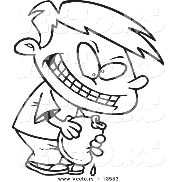 Vector of a Cartoon Evil Boy Holding a Water Balloon - Coloring Page Outline