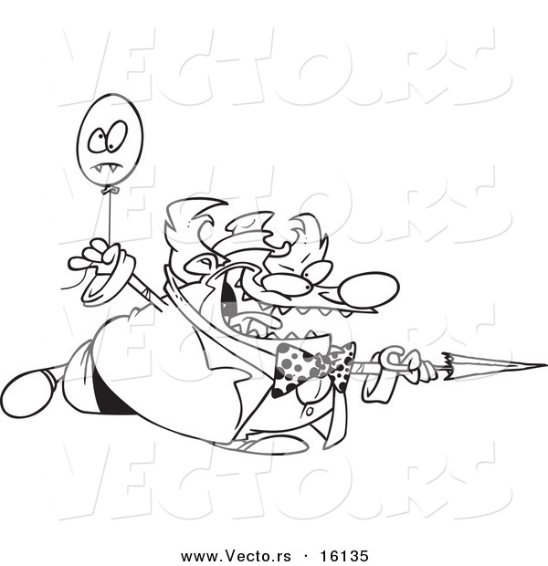 Vector of a Cartoon Evil Clown with a Balloon and Sharp Umbrella - Outlined Coloring Page Drawing
