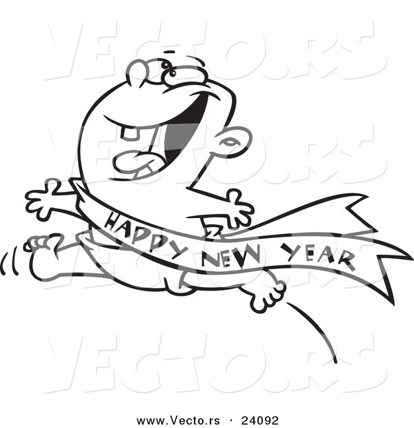 Vector of a Cartoon Excited Baby Running with a Happy New Year Sash - Coloring Page Outline