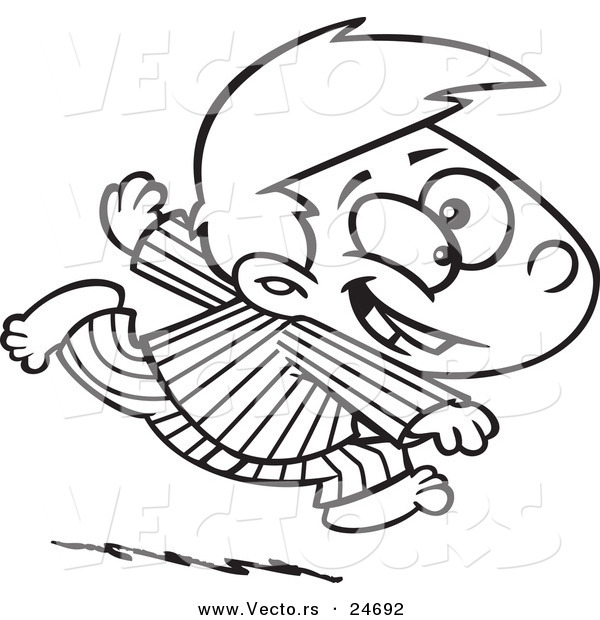 Vector of a Cartoon Excited Boy Running in His Pajamas - Outlined Coloring Page