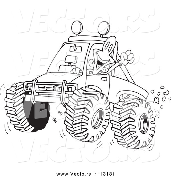 Vector of a Cartoon Excited Man 4wheeling His Truck Through Mud - Coloring Page Outline