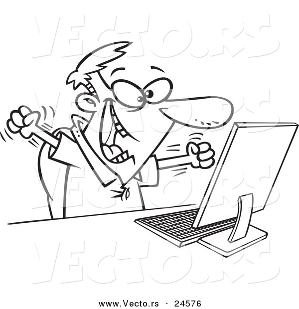 Vector of a Cartoon Excited Man Celebrating at His Computer Desk - Outlined Coloring Page