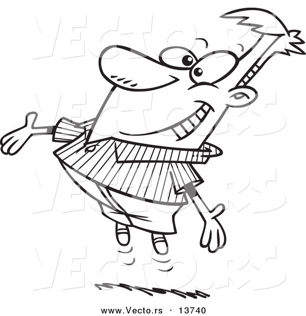 Vector of a Cartoon Excited Man Jumping and Welcoming - Coloring Page Outline