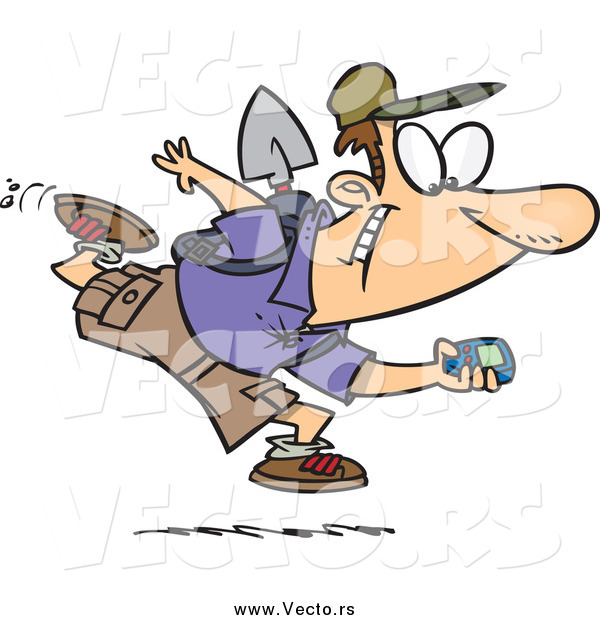 Vector of a Cartoon Excited White Man Geocaching with a GPS Device