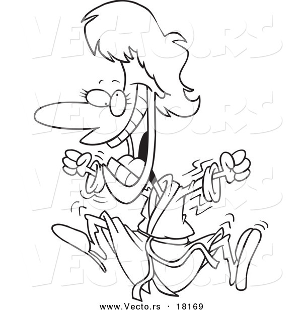 Vector of a Cartoon Excited Woman Jumping in a Robe - Outlined Coloring Page