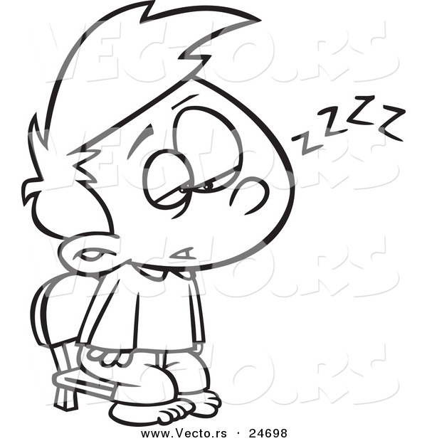 Vector of a Cartoon Exhausted Boy Trying to Stay Awake to See Santa - Outlined Coloring Page