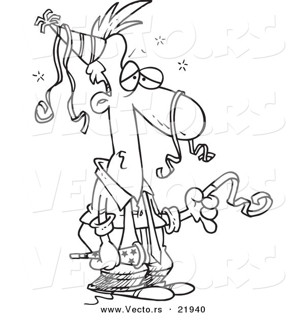 Vector of a Cartoon Exhausted Businessman After a Party - Outlined Coloring Page