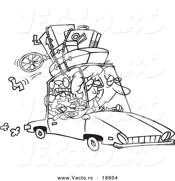 Vector of a Cartoon Exhausted Family Homeward Bound from a Road Trip - Outlined Coloring Page
