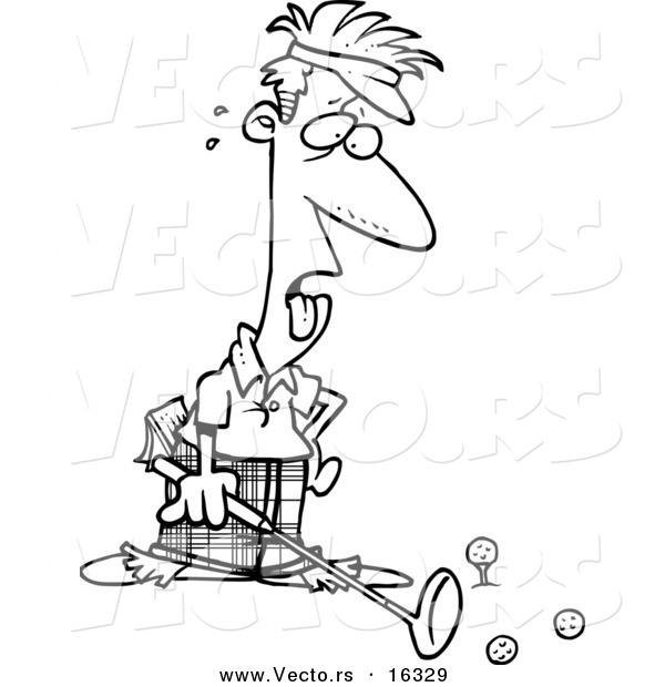 Vector of a Cartoon Exhausted Male Golfer - Outlined Coloring Page Drawing