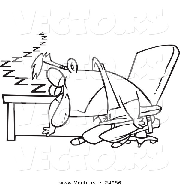 Vector of a Cartoon Exhausted Man Dozing at His Desk - Outlined Coloring Page