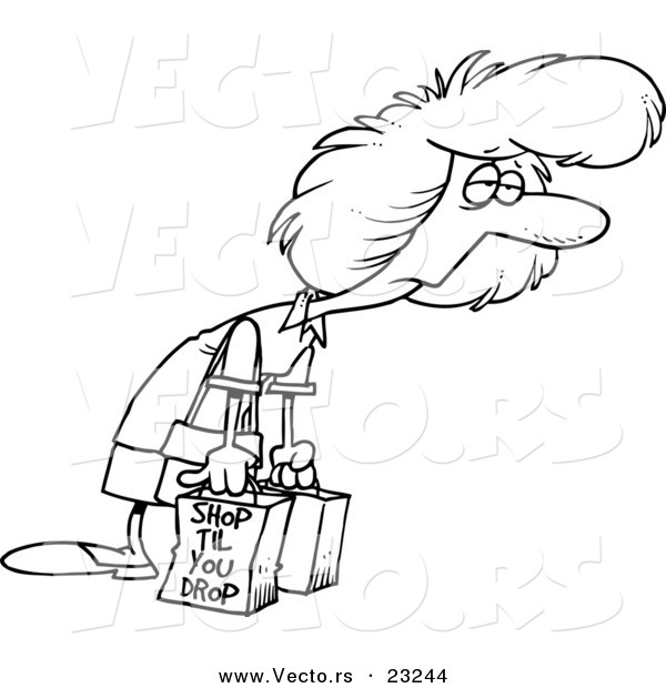Vector of a Cartoon Exhausted Shopaholic - Coloring Page Outline
