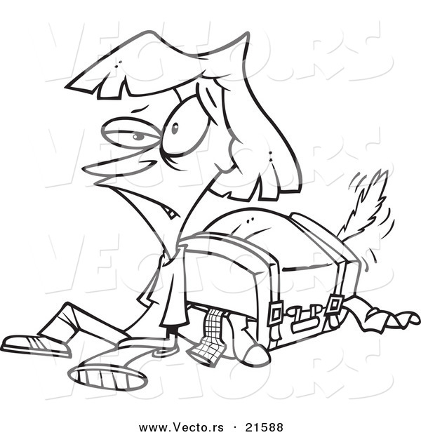 Vector of a Cartoon Exhausted Woman by Her Packed Suitcase - Outlined Coloring Page
