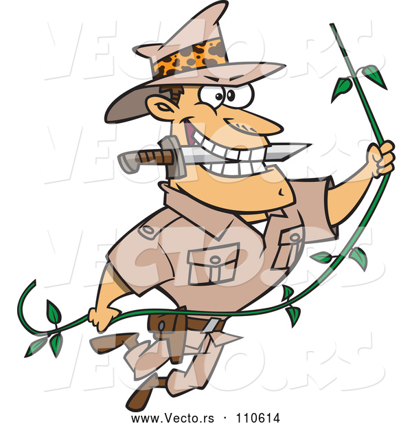 Vector of a Cartoon Explorer Man Swinging on a Vine with Knife in Teeth