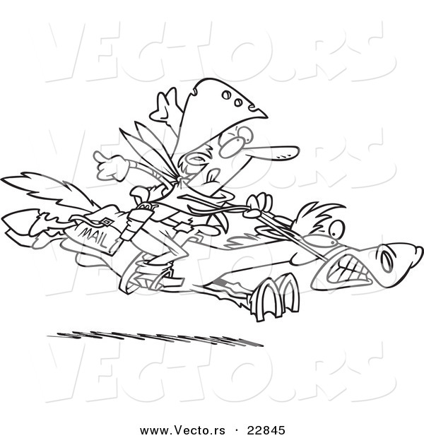 Vector of a Cartoon Express Mail Cowboy on a Horse - Coloring Page Outline